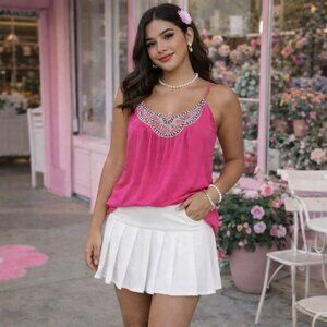 Candie's Womens Y2k Pink Flowy Top With Embellished Neckline, Size Small